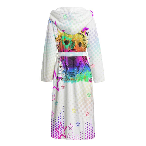 Bunter Bademantel Sunny aus Flanell – flauschig & farbenfroh, Größen S–2XL; Golden Retriever, Goldy